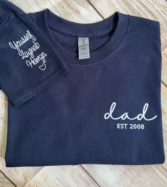 Dad Embroidered Short Sleeve T-shirt, Custom Dad Shirt With Kids Names, Heart On Sleeve, Daddy Est T-shirt , Gift For New Dad, Father's Day Gift