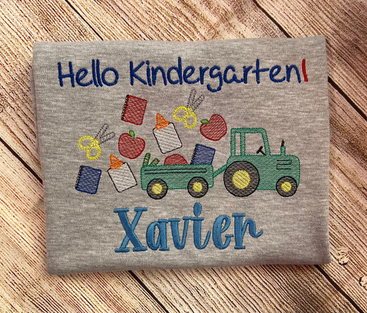 Personalized Back To school Kindergarten Embroidered Custom T-shirt Tractor with school Supplies