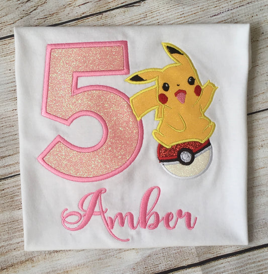 Embroidered Birthday  Girl T-Shirt Pokemon Pikachu Custom Embroidered Birthday Girl T-Shirt.