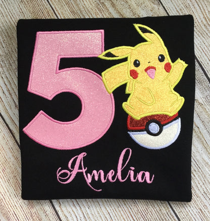 Embroidered Birthday  Girl T-Shirt Pokemon Pikachu Custom Embroidered Birthday Girl T-Shirt.