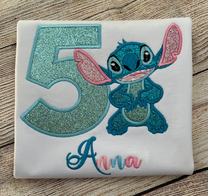 Stitch Inspired Embroidered Birthday Girl T-Shirt, Stitch Custom Embroidered Birthday Girl T-Shirt.