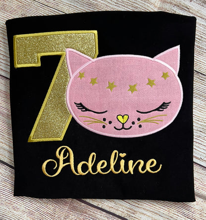 Embroidered Birthday  Girl T-Shirt Pink Cat Custom Embroidered Birthday Cat Girl T-Shirt.